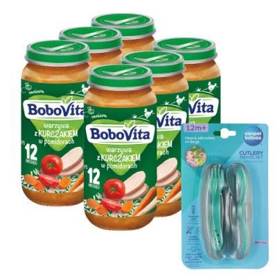 Zestaw BoboVita Warzywa z kurczakiem w pomidorach po 12 miesiącu, 6 x 250 g + Canpol Babies Zestaw sztućców w etui, 1 szt.