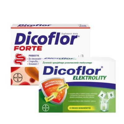 Zestaw Dicoflor Forte probiotyk, 20 kaps. + Dicoflor Elektrolity o smaku bananowym, 6 porcji (12 sasz.)