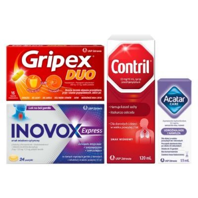 Zestaw Gripex Duo, 16 tabl. + Inovox Express smak miodowo-cytrynowy, 24 past. + Contril, 120 ml + Acatar Care, 15 ml