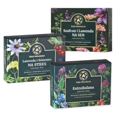 Zestaw Herbal Monasterium EstroBalans, 30 kaps.+ Lawenda i Różeniec Na stres, 30 kaps. + Szafran i Lawenda na sen, 30 kaps.