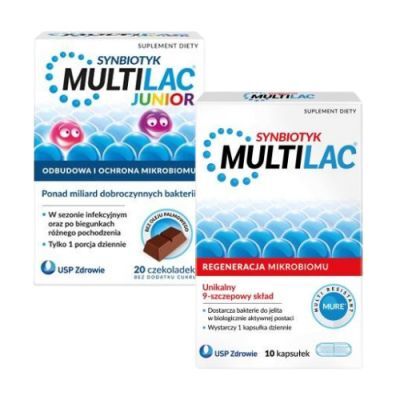 Zestaw Multilac, 10 kaps. + Multilac Junior, 20 czekoladek bez cukru