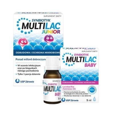 Zestaw Multilac Baby krople, 5 ml + Multilac Junior, 20 czekoladek bez cukru
