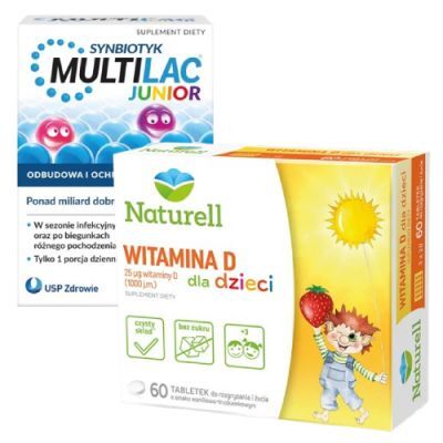 Zestaw Multilac Junior, 20 czekoladek bez cukru + Naturell Witamina D dla dzieci, 60 tabl.