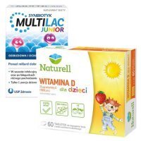 Zestaw Multilac Junior, 20 czekoladek bez cukru + Naturell Witamina D dla dzieci, 60 tabl.