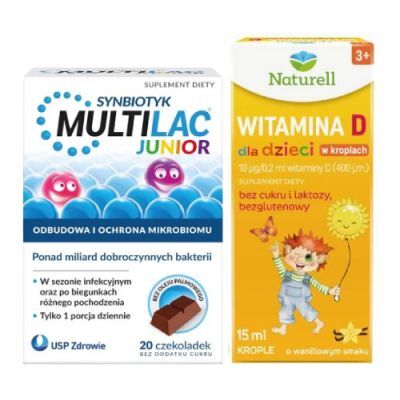 Zestaw Multilac Junior, 20 czekoladek bez cukru + Naturell Witamina D dla dzieci w kroplach, 15 ml