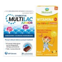 Zestaw Multilac Junior, 20 czekoladek bez cukru + Naturell Witamina D dla dzieci w kroplach, 15 ml