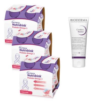 Zestaw Nutridrink Protein Omega 3 rześki smak truskawka - malina, 12 x 125 ml + Bioderma Cicabio Restor krem ochronno - regenerujący, 100 ml
