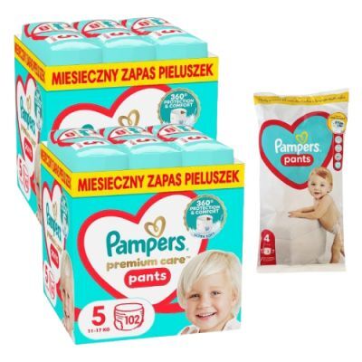 Zestaw Pampers Premium Care Pants 5 Pieluchomajtki 11-17 kg, 2 x 102 szt. + Pampers Pants Pieluchomajtki rozmiar 4 (9-15 kg), 2 szt.