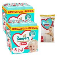 Zestaw Pampers Premium Care Pants 5 Pieluchomajtki 11-17 kg, 2 x 102 szt. + Pampers Pants Pieluchomajtki rozmiar 4 (9-15 kg), 2 szt.