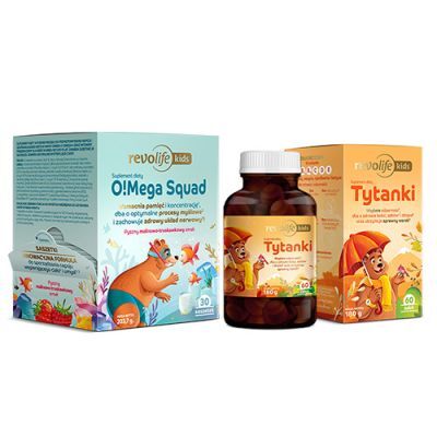 Zestaw Revolife Kids O!Mega Squad smak malinowo-truskawkowy, 30 saszetek + Tytanki, 60 żelek bez cukru